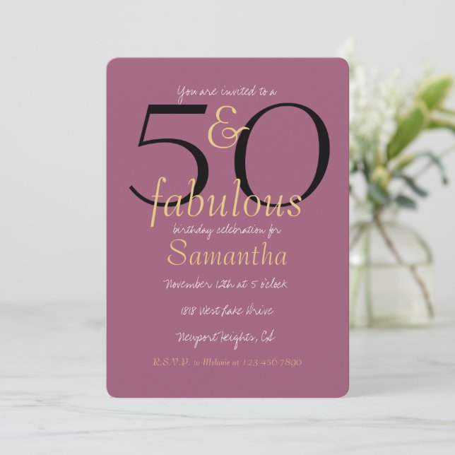 50 and Fabulous Gold Orchid Purple 50th Birthday Invitation (Standing Front)