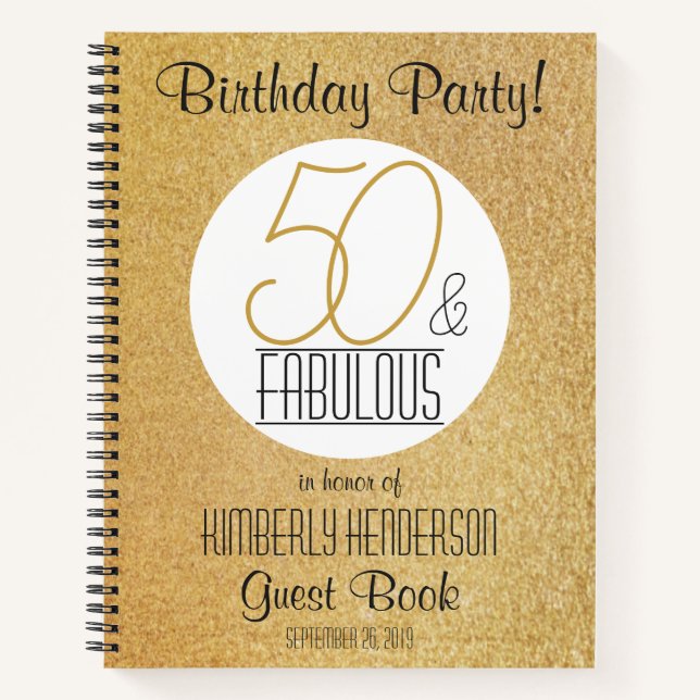 50 and Fabulous Gold Personalized Birthday Guest Notebook (Front)