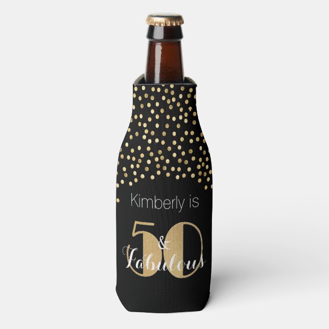 50 and Fabulous Gold Personalized Birthday Party Bottle Cooler (Bottle Front)