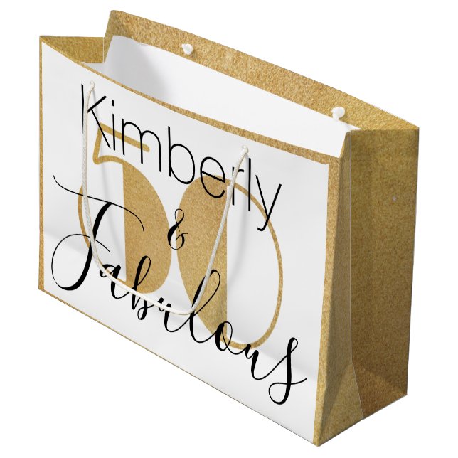 50 and Fabulous Gold Personalized Birthday Party Large Gift Bag (Front Angled)