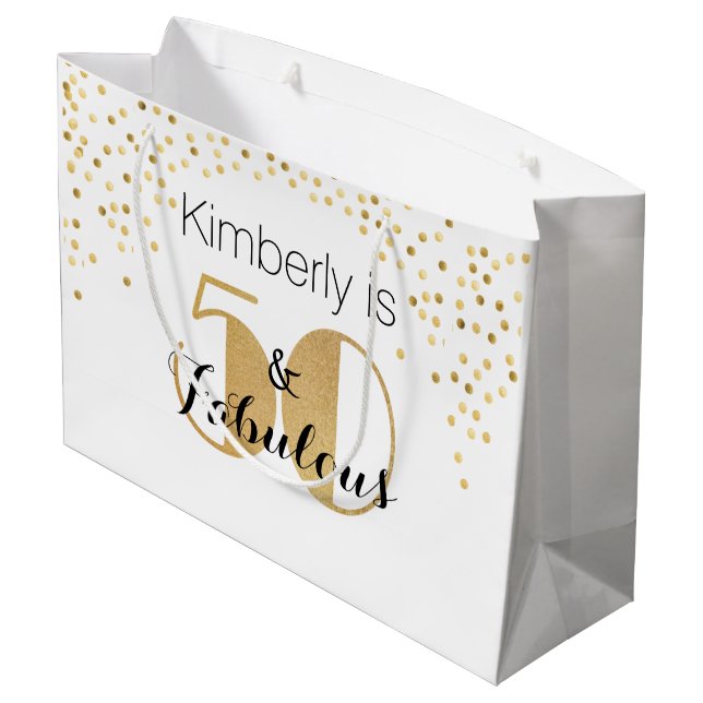 50 and Fabulous Gold Personalized Birthday Party Large Gift Bag (Back Angled)