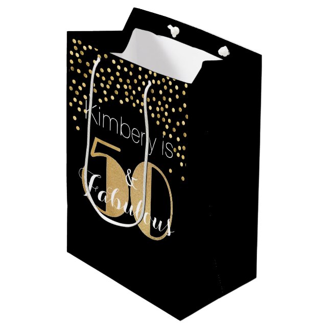 50 and Fabulous Gold Personalized Birthday Party Medium Gift Bag (Front Angled)