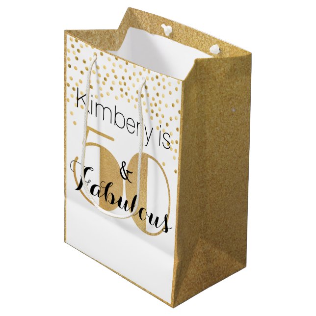 50 and Fabulous Gold Personalized Birthday Party Medium Gift Bag (Front Angled)