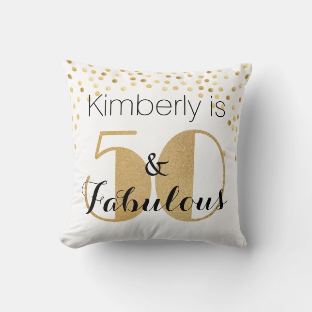 50 and Fabulous Gold Personalized Birthday Party Throw Pillow (Front)