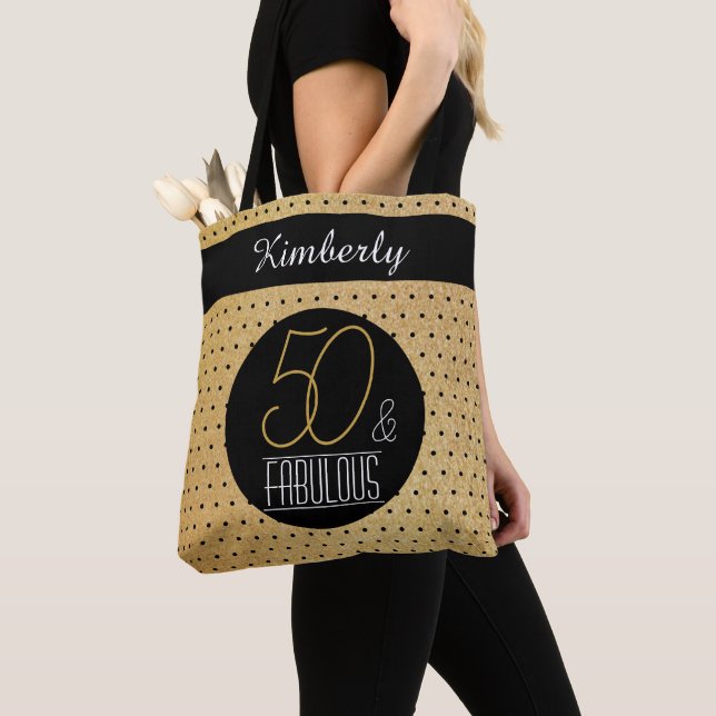 50 and Fabulous Gold Personalized Birthday Party Tote Bag (Close Up)
