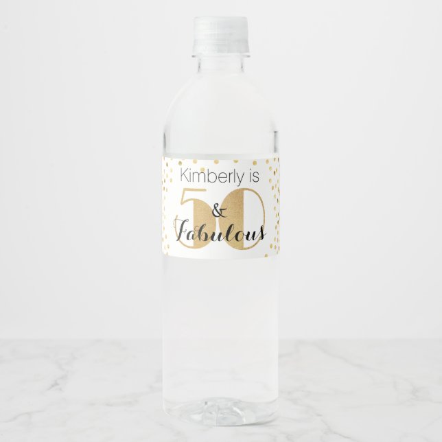 50 and Fabulous Gold Personalized Birthday Party Water Bottle Label (Front)