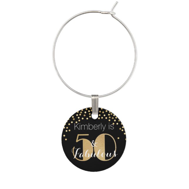 50 and Fabulous Gold Personalized Birthday Party Wine Charm (Front)