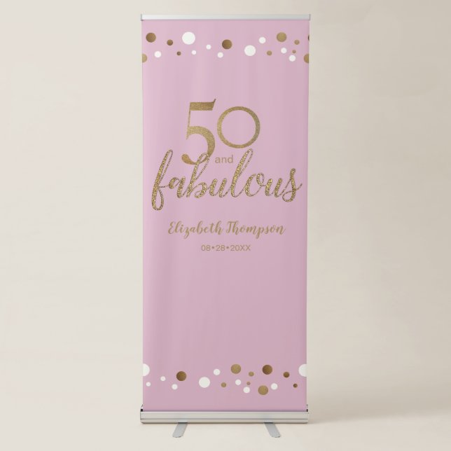 50 and fabulous Gold Pink confetti 50th Birthday  Retractable Banner (Front)