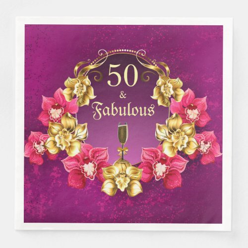 50 And Fabulous Gold Pink Orchids and Champagne Paper Dinner Napkins