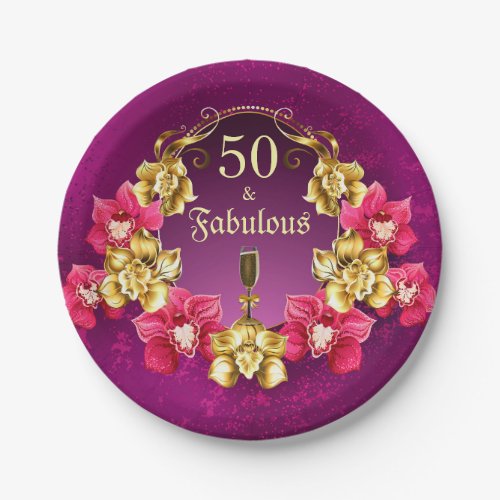 50 And Fabulous Gold Pink Orchids and Champagne Paper Plates