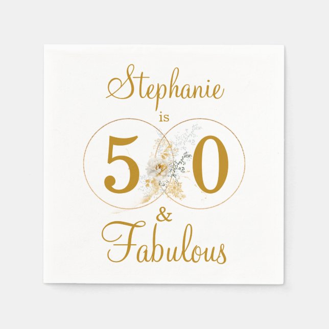50 and Fabulous Gold Script Name Birthday Party Napkins (Front)