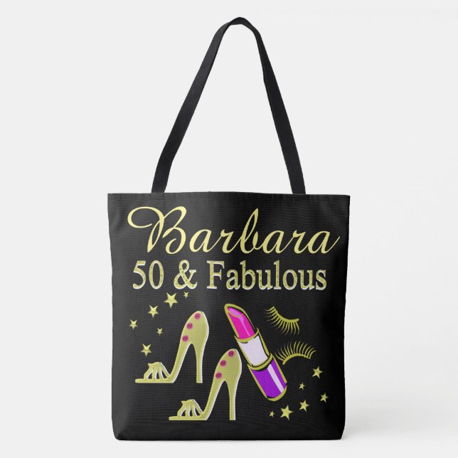 50 AND FABULOUS GOLD SHOE LOVER PERSONALIZED TOTE (Front)
