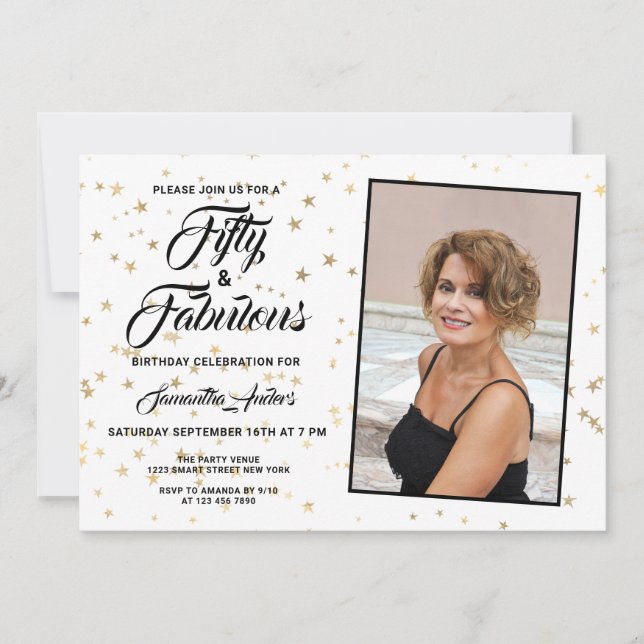 50 and Fabulous Gold Stars Photo Invitation (Front)
