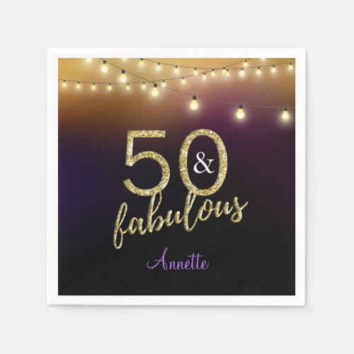 50 and Fabulous Gold Stars Purple Birthday Party Napkins