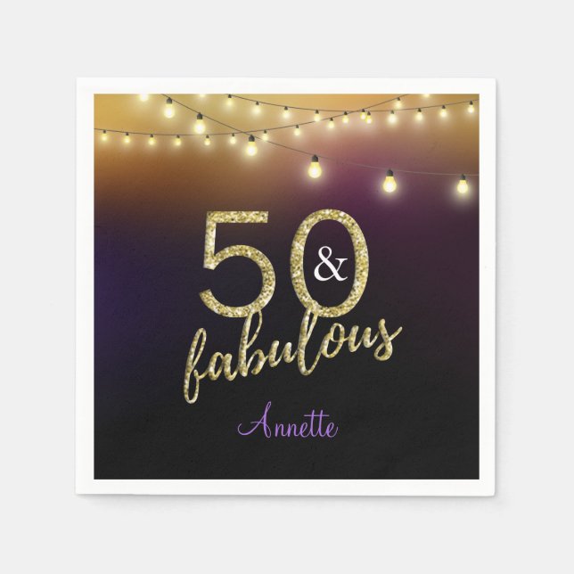 50 and Fabulous Gold Stars Purple Birthday Party Napkins (Front)