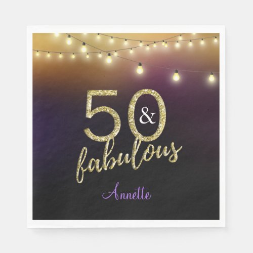 50 and Fabulous Gold Stars Purple Birthday Party Paper Napkins