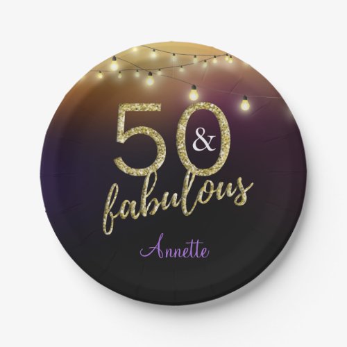 50 and Fabulous Gold Stars Purple Birthday Party Paper Plates