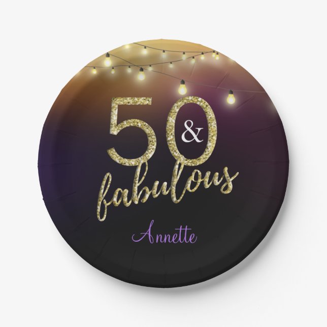 50 and Fabulous Gold Stars Purple Birthday Party Paper Plates (Front)