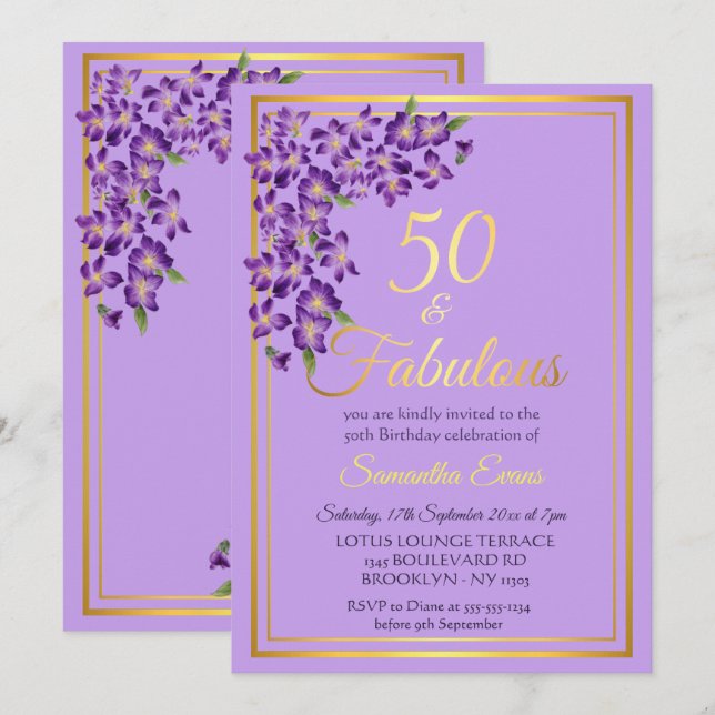 50 and Fabulous Gold Violet 50th Birthday   Invitation (Front/Back)