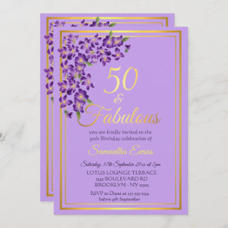 50 and Fabulous Gold Violet 50th Birthday Invitation