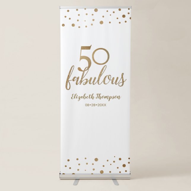 50 and fabulous Gold White confetti 50th Birthday Retractable Banner (Front)