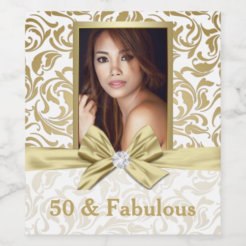 50 and Fabulous Gold White Damask Birthday Party Wine Label