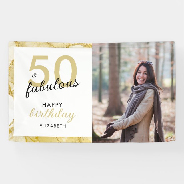 50 And Fabulous Gold White Photo Birthday Banner (Horizontal)