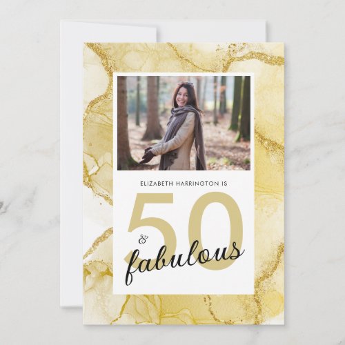50 And Fabulous Gold White Photo Birthday Invitation