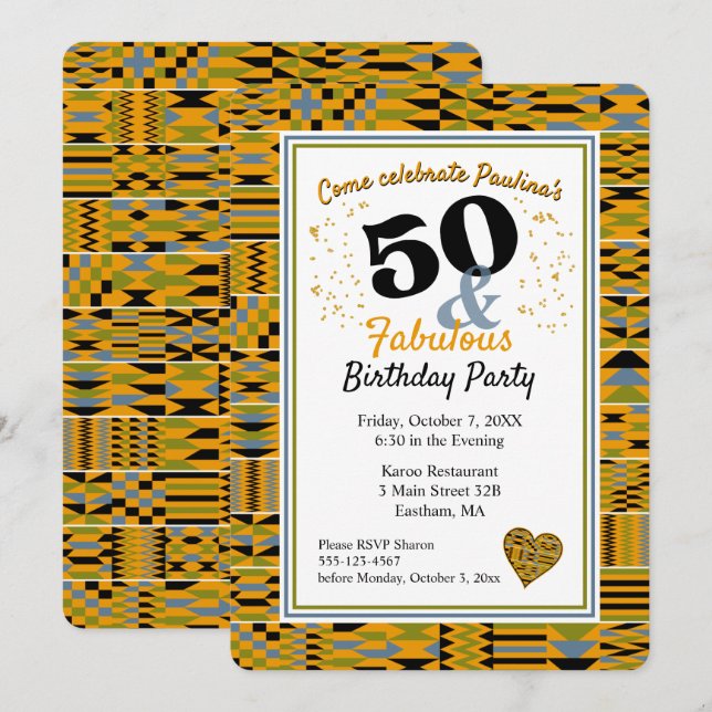 50 and Fabulous Golden Kente Birthday Party Invitation (Front/Back)