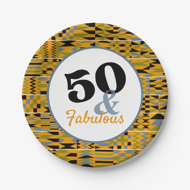 50 and Fabulous Golden Kente Party Paper Plates (Front)