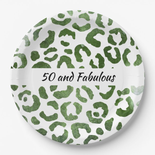 50 and Fabulous Green Cheetah Print Abstract Paper Plates (Front)