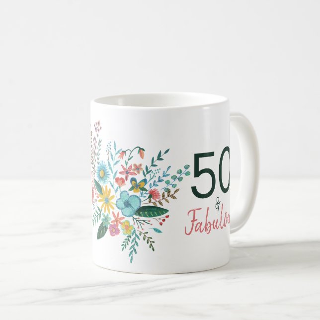 50 and fabulous green elegant floral watercolor pa coffee mug (Front Right)