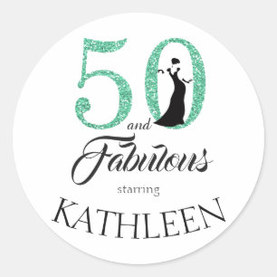 50 and Fabulous Green Glitter Custom Name Classic Round Sticker