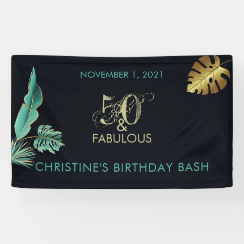 50 and Fabulous Green Gold Leaves Birthday Party Banner