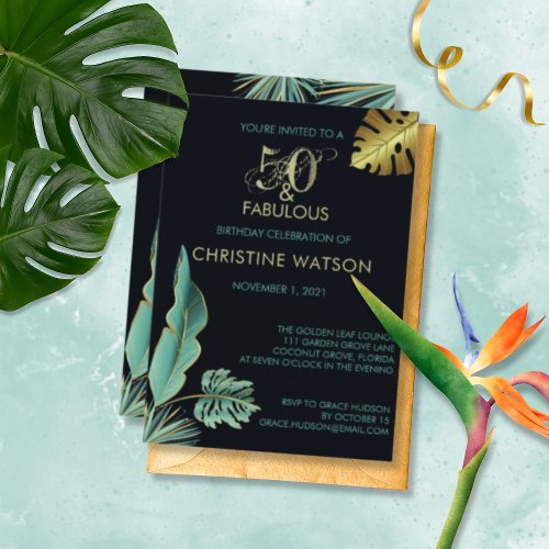 50 and Fabulous Green Gold Leaves Birthday Party Invitation