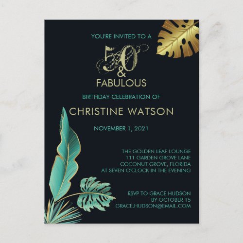 50 and Fabulous Green Gold Leaves Birthday Party Invitation Postcard