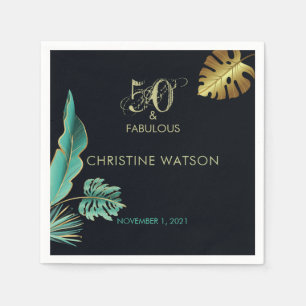 50 and Fabulous Green Gold Leaves Birthday Party Napkins