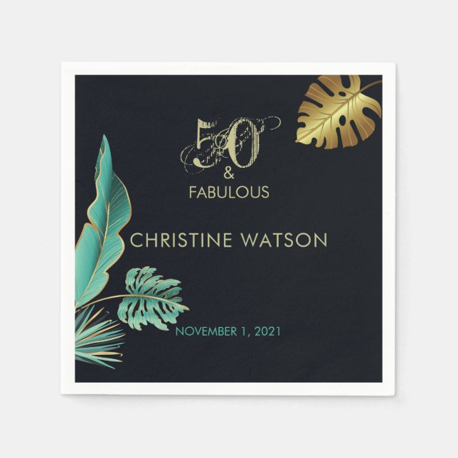 50 and Fabulous Green Gold Leaves Birthday Party Napkins (Front)