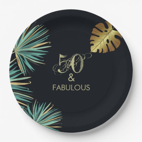 50 and Fabulous Green Gold Leaves Birthday Party Paper Plates