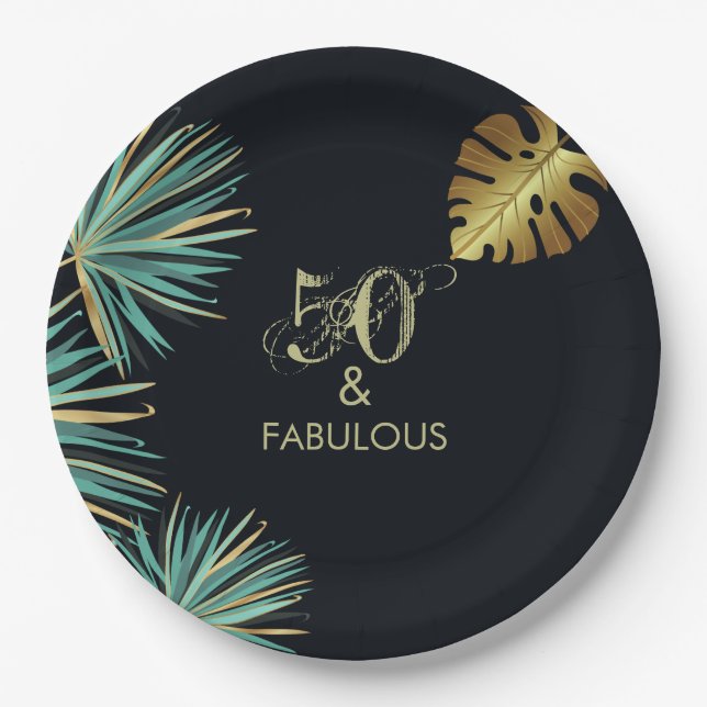 50 and Fabulous Green Gold Leaves Birthday Party Paper Plates (Front)