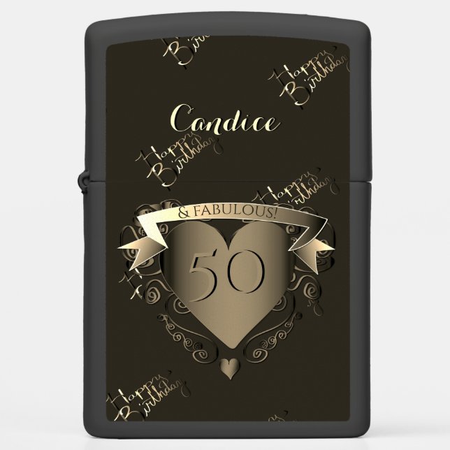"50 and fabulous!""Happy Birthday Metallic3D heart Zippo Lighter (Front)
