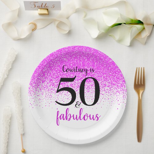 50 and Fabulous Hot Pink Confetti Custom Script Paper Plates