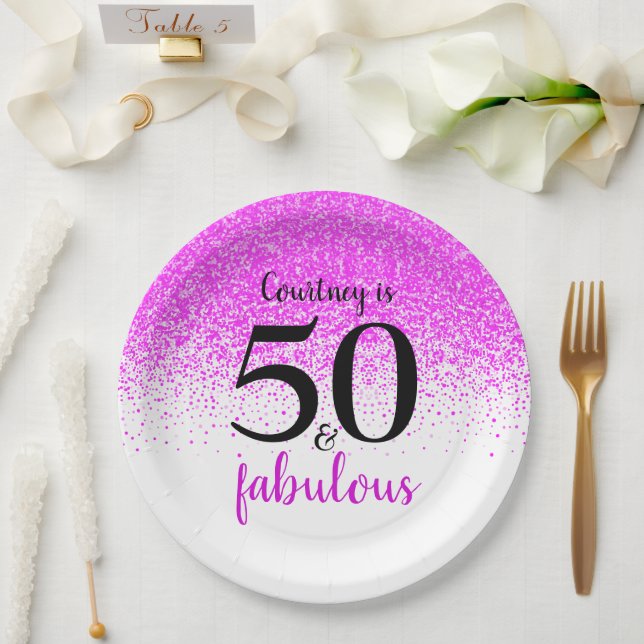 50 and Fabulous Hot Pink Confetti Custom Script Paper Plates (Wedding)