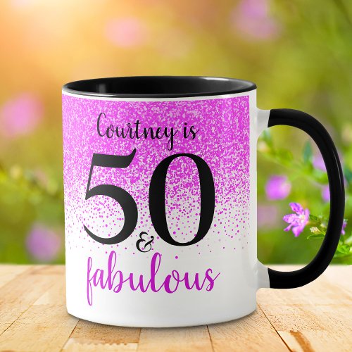 50 and fabulous hot pink confetti script name mug