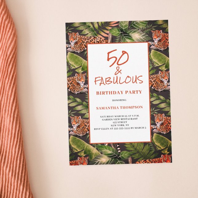 50 and Fabulous Leopard Jungle Watercolor Invitation (Creator Uploaded)