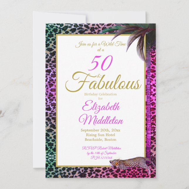 50 and Fabulous Leopard Purple Palm Wild Birthday Invitation (Front)