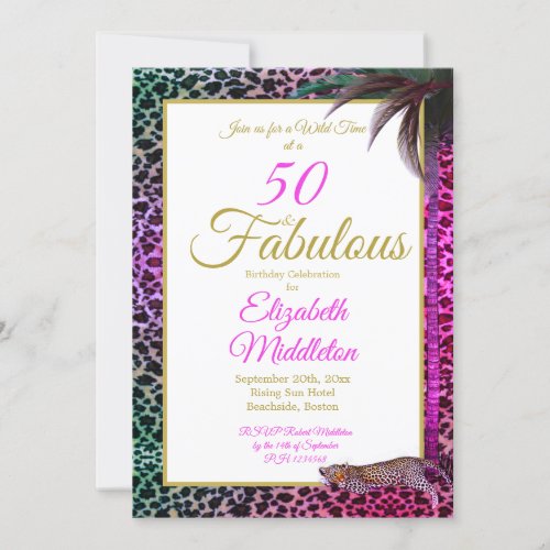 50 and Fabulous Leopard Purple Palm Wild Birthday Invitation