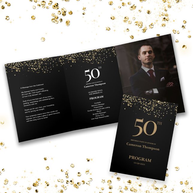 50 and fabulous Male Birthday Program with photo (Custom 50th birthday program trifold with message, schedule and photo keepsake.)