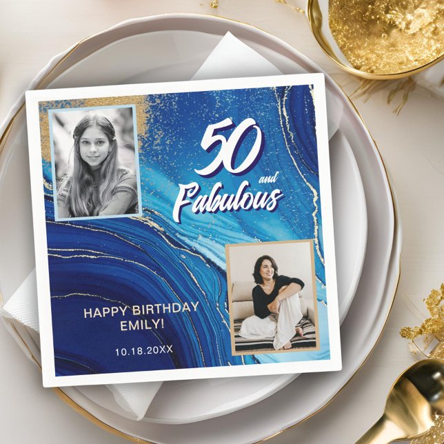 50 and Fabulous Marble Glitter 2 Photo Birthday Napkins (Creator Uploaded)