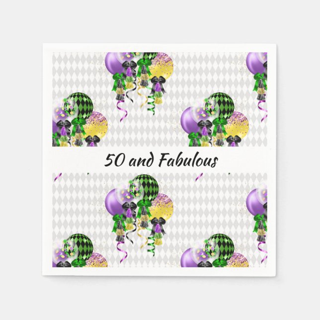 50 and Fabulous Mardi Gras Ballons Napkins (Front)